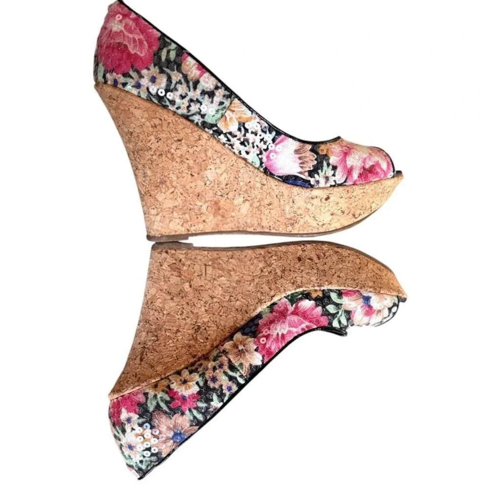 Y2K VTG. CORK PLATFORM FLORAL SEQUIN BAMBOO WEDGES‎ SIZE 9.